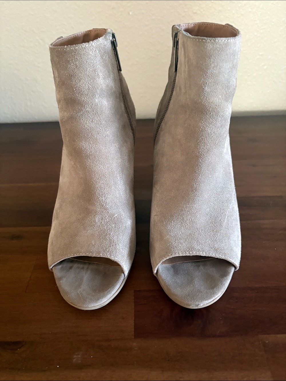 Kenneth Cole Reaction Taupe Suede Open-Toe Ankle Booties